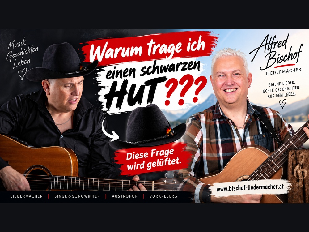 Alfred Bischof mit Gitarre, mit und ohne schwarzen Hut – Podcastfolge „Warum trage ich einen schwarzen Hut?“